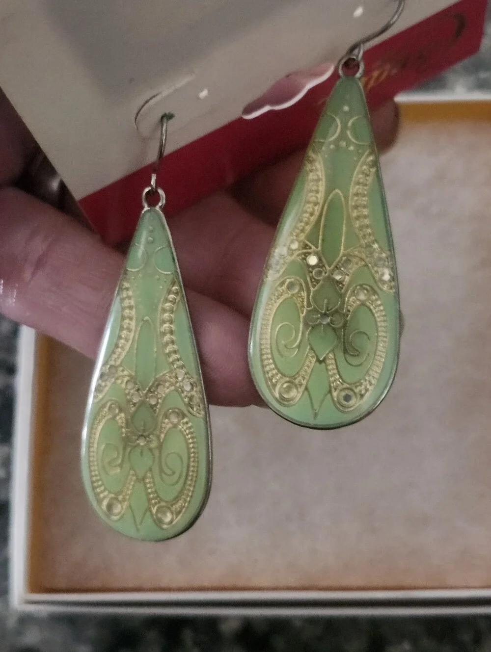 Candie's Mint Green and Gold Teardrop Boho Style Dangle Earrings